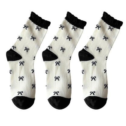 Anna-Kaci 3 Pairs Women's Mid-Calf Socks with Bow Pattern and Ruffled Cuff