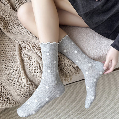 Anna-Kaci 3 Pairs Women's Mid-Calf Polka Dot Socks with Lettuce Edge Cuff