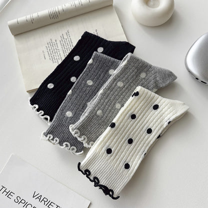 Anna-Kaci 3 Pairs Women's Mid-Calf Polka Dot Socks with Lettuce Edge Cuff