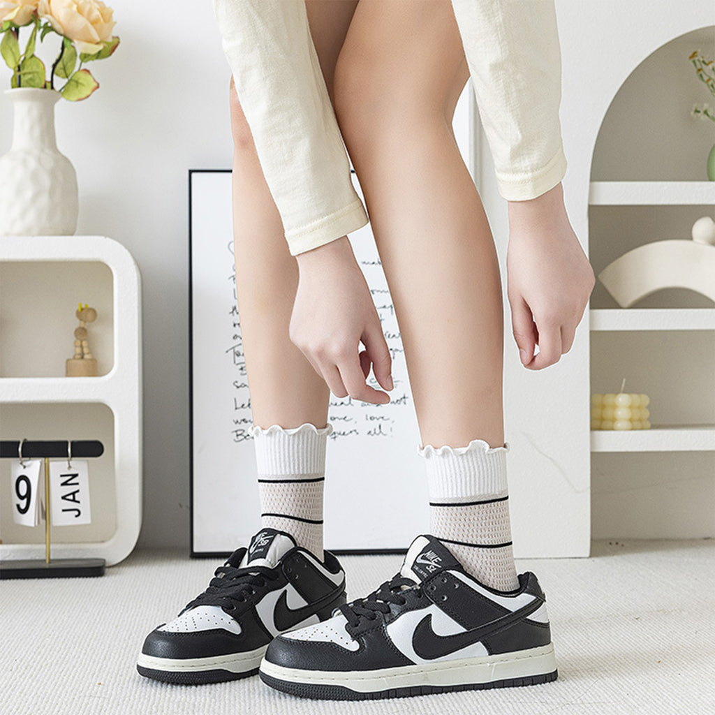 Anna-Kaci 3 Pairs Women's Sheer Mesh Socks with Bow and Stripe Patterns and Ruffled Cuff