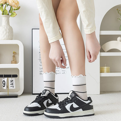 Anna-Kaci 3 Pairs Women's Sheer Mesh Socks with Bow and Stripe Patterns and Ruffled Cuff