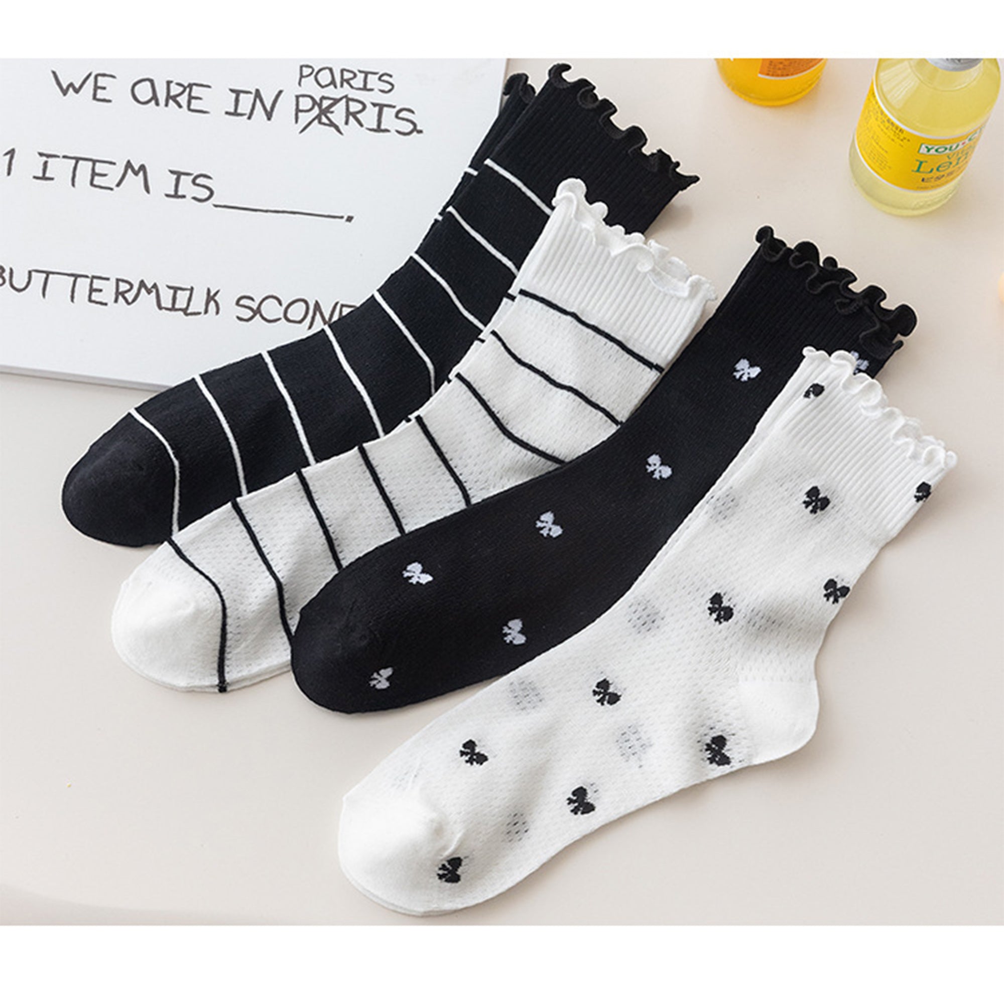 Anna-Kaci 3 Pairs Women's Sheer Mesh Socks with Bow and Stripe Patterns and Ruffled Cuff