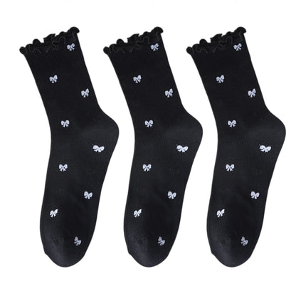 Anna-Kaci 3 Pairs Women's Sheer Mesh Socks with Bow and Stripe Patterns and Ruffled Cuff