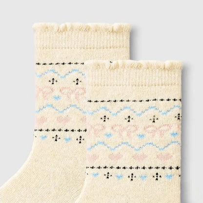 Anna-Kaci Women's 3-Pair Pack Crew Socks with Heart and Bow Pattern Knit Design Perfect for Gifting and Everyday Wear