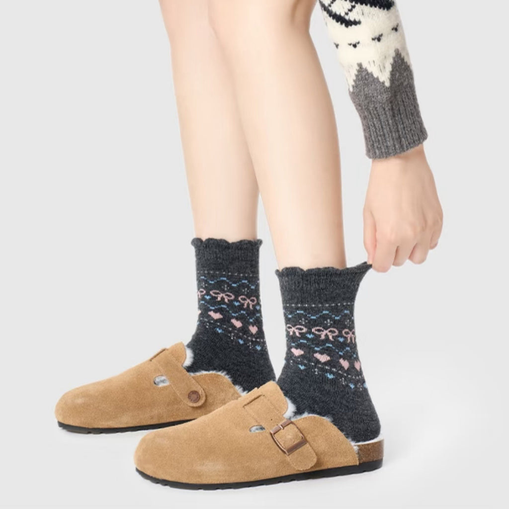 Anna-Kaci Women's 3-Pair Pack Crew Socks with Heart and Bow Pattern Knit Design Perfect for Gifting and Everyday Wear