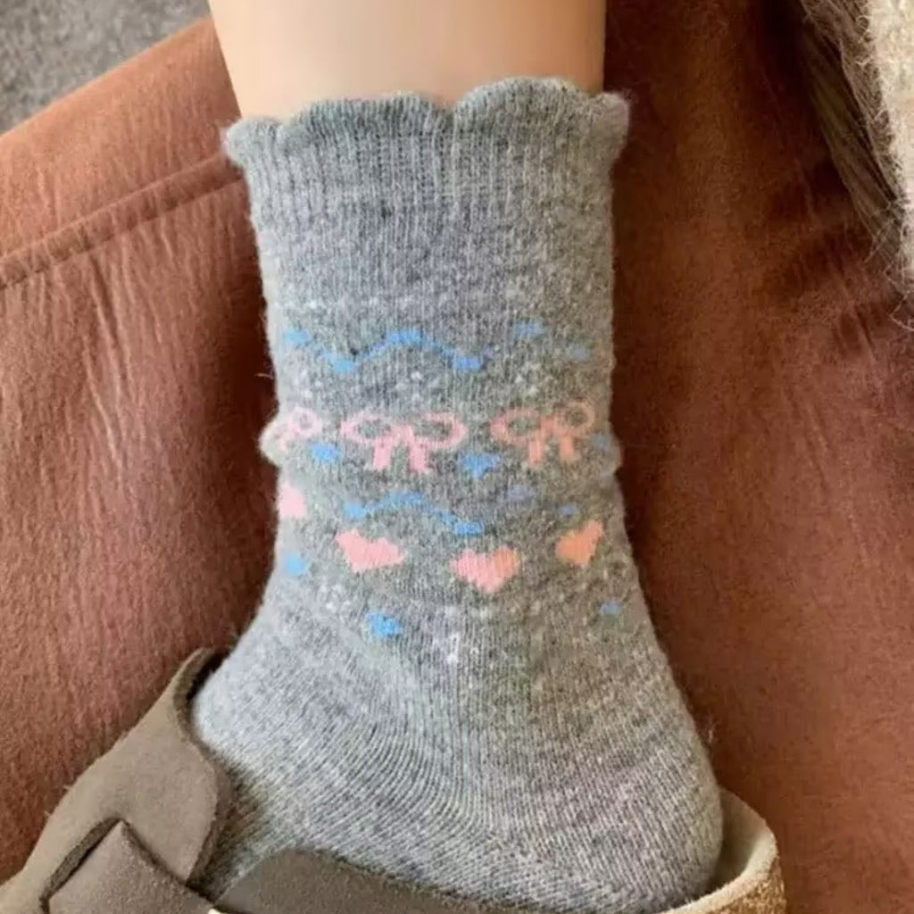 Anna-Kaci Women's 3-Pair Pack Crew Socks with Heart and Bow Pattern Knit Design Perfect for Gifting and Everyday Wear