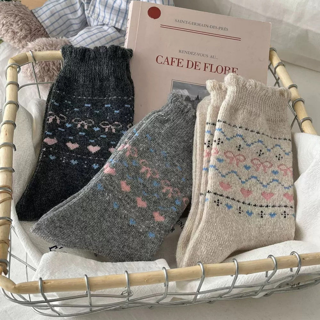 Anna-Kaci Women's 3-Pair Pack Crew Socks with Heart and Bow Pattern Knit Design Perfect for Gifting and Everyday Wear
