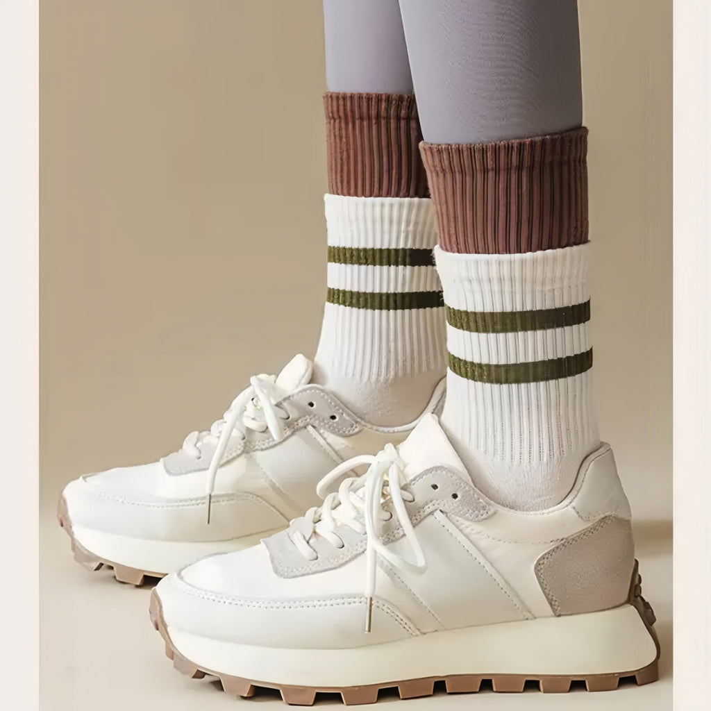 Anna-Kaci 3-Pair Mid-Calf Grip Bottom Socks with Striped Cuff and Soft Ribbed Knit for Everyday Comfort and Stability