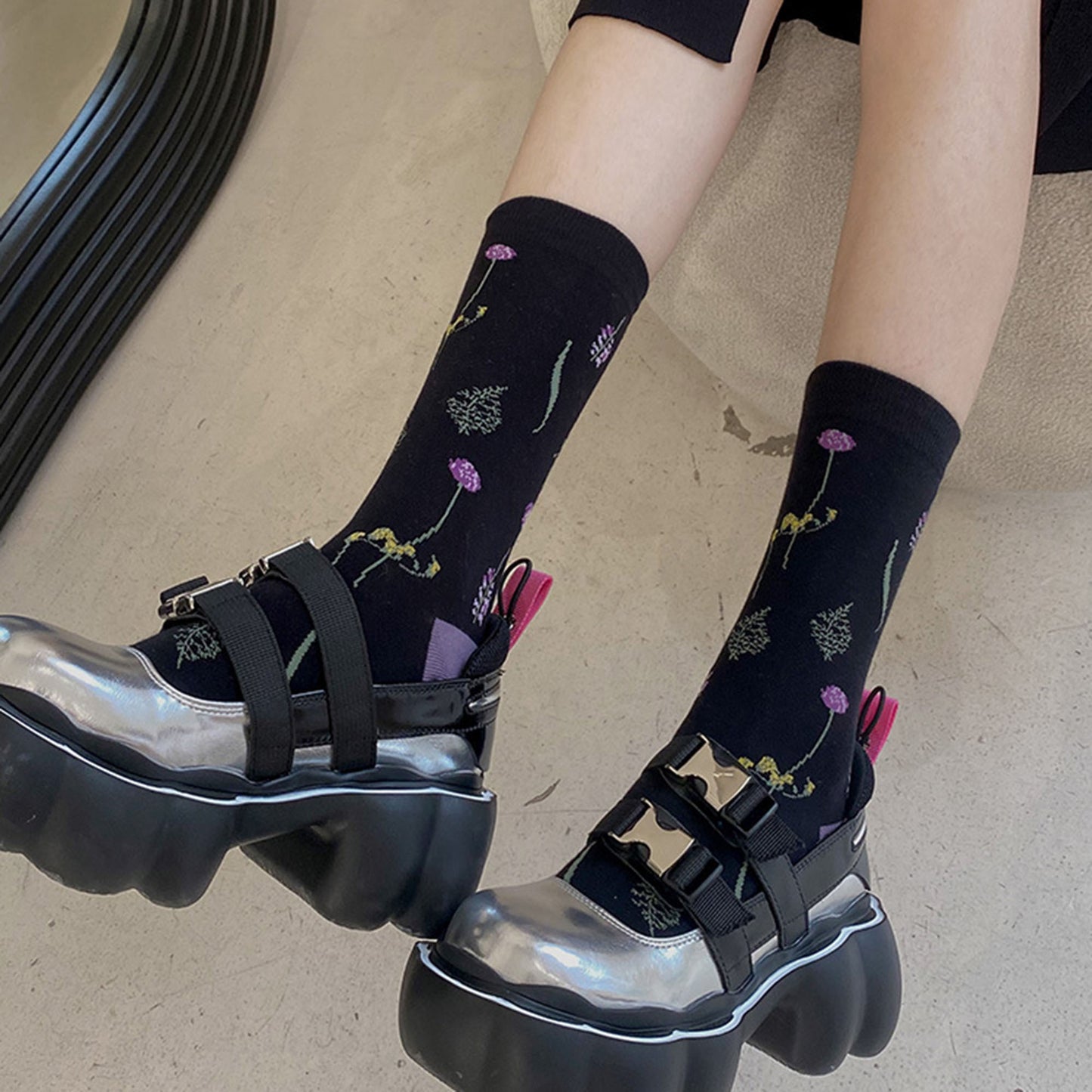 Anna-Kaci Women's 3-Pair Floral Pattern Crew Socks with Scalloped Cuff and Allover Knit Design for Everyday Feminine Style