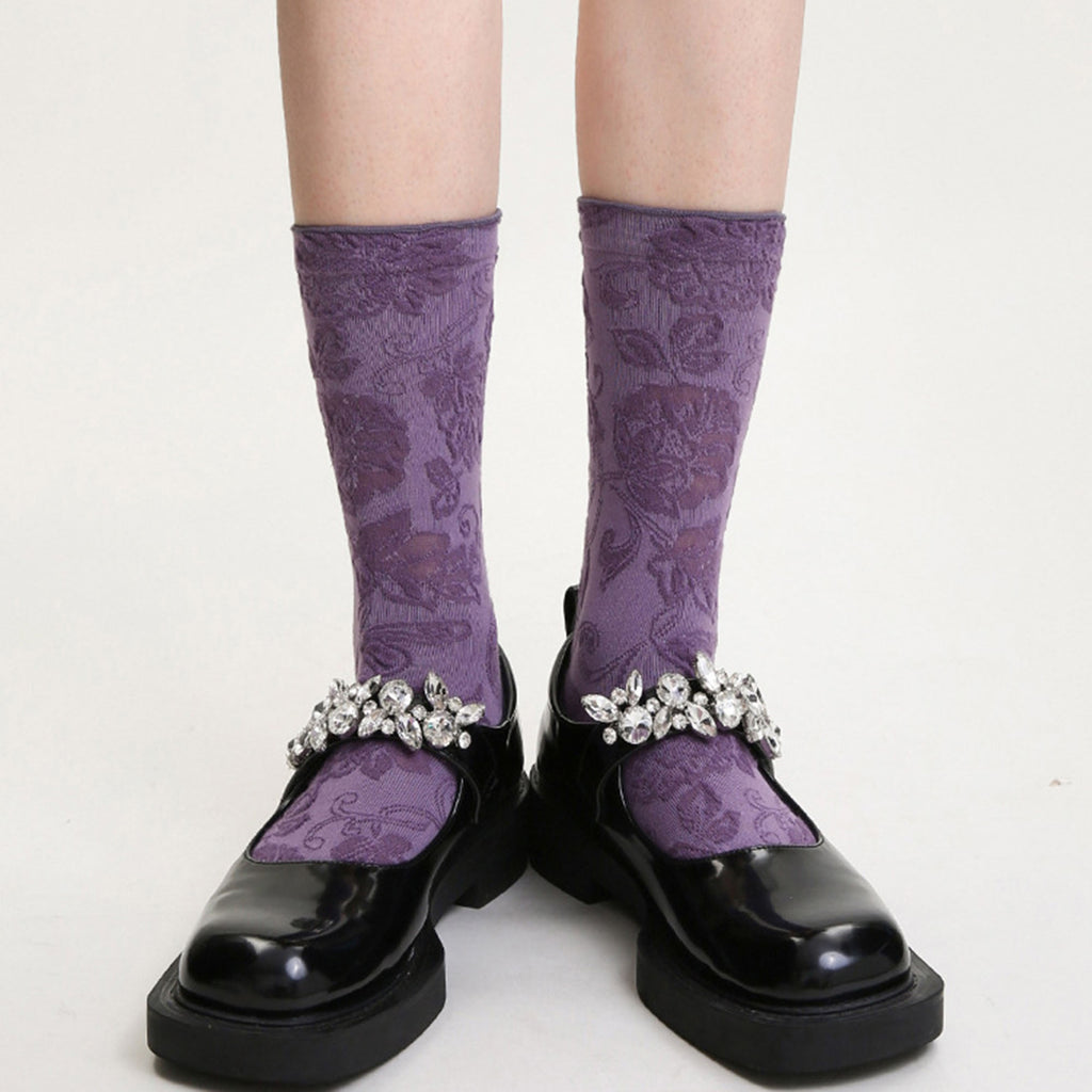 Anna-Kaci Women's 3-Pair Floral Pattern Crew Socks with Scalloped Cuff and Allover Knit Design for Everyday Feminine Style