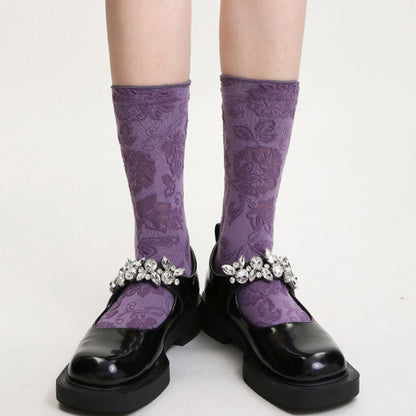 Anna-Kaci Women's 3-Pair Floral Pattern Crew Socks with Scalloped Cuff and Allover Knit Design for Everyday Feminine Style