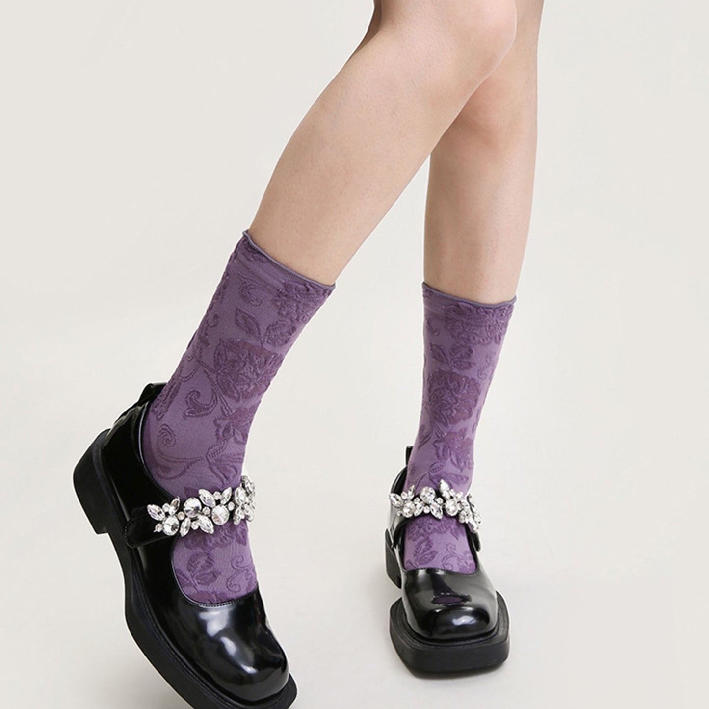 Anna-Kaci Women's 3-Pair Floral Pattern Crew Socks with Scalloped Cuff and Allover Knit Design for Everyday Feminine Style