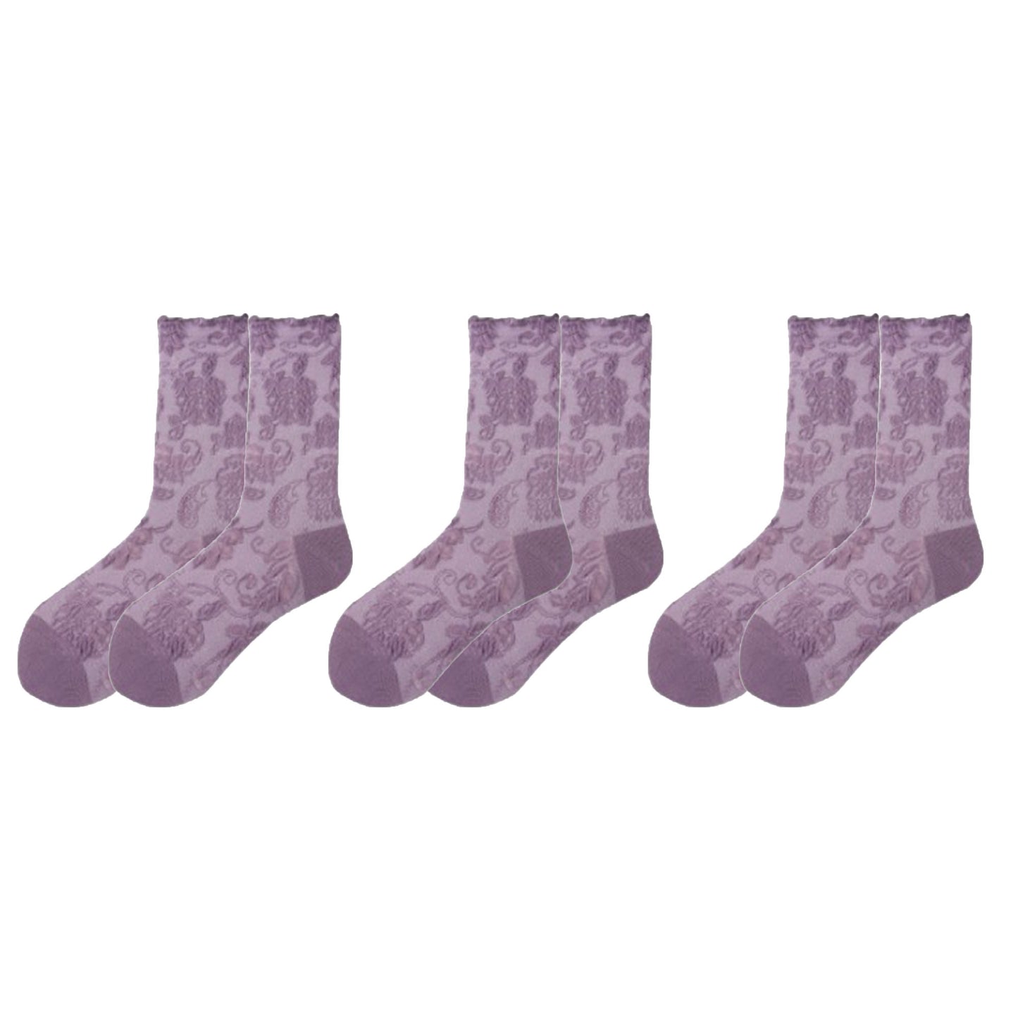 Anna-Kaci Women's 3-Pair Floral Pattern Crew Socks with Scalloped Cuff and Allover Knit Design for Everyday Feminine Style