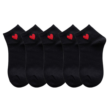 Anna-Kaci Women's 5-Pair Ankle Socks with Ribbed Cuff and Embroidered Heart Accent for Everyday Comfort and Style
