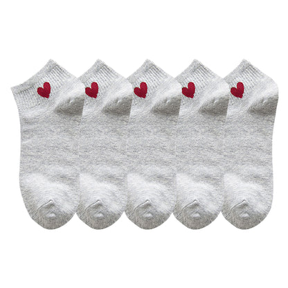 Anna-Kaci Women's 5-Pair Ankle Socks with Ribbed Cuff and Embroidered Heart Accent for Everyday Comfort and Style