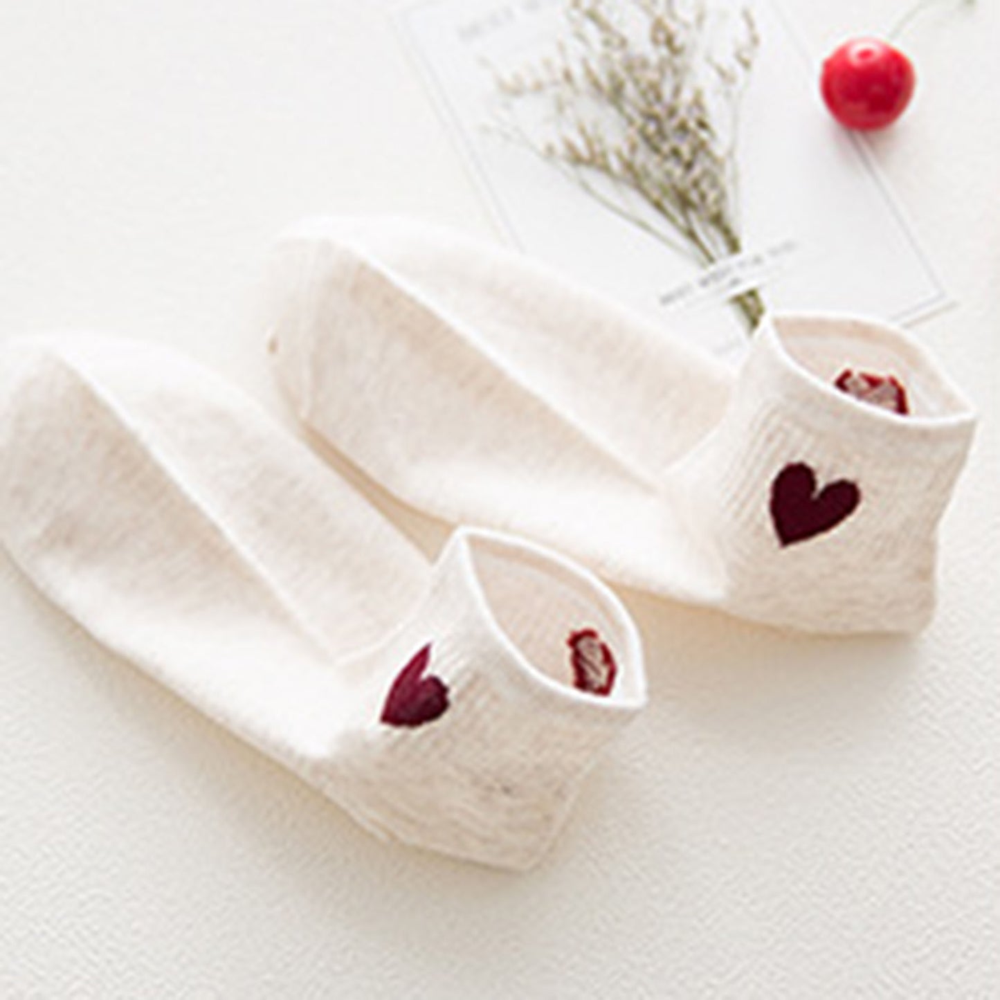 Anna-Kaci Women's 5-Pair Ankle Socks with Ribbed Cuff and Embroidered Heart Accent for Everyday Comfort and Style
