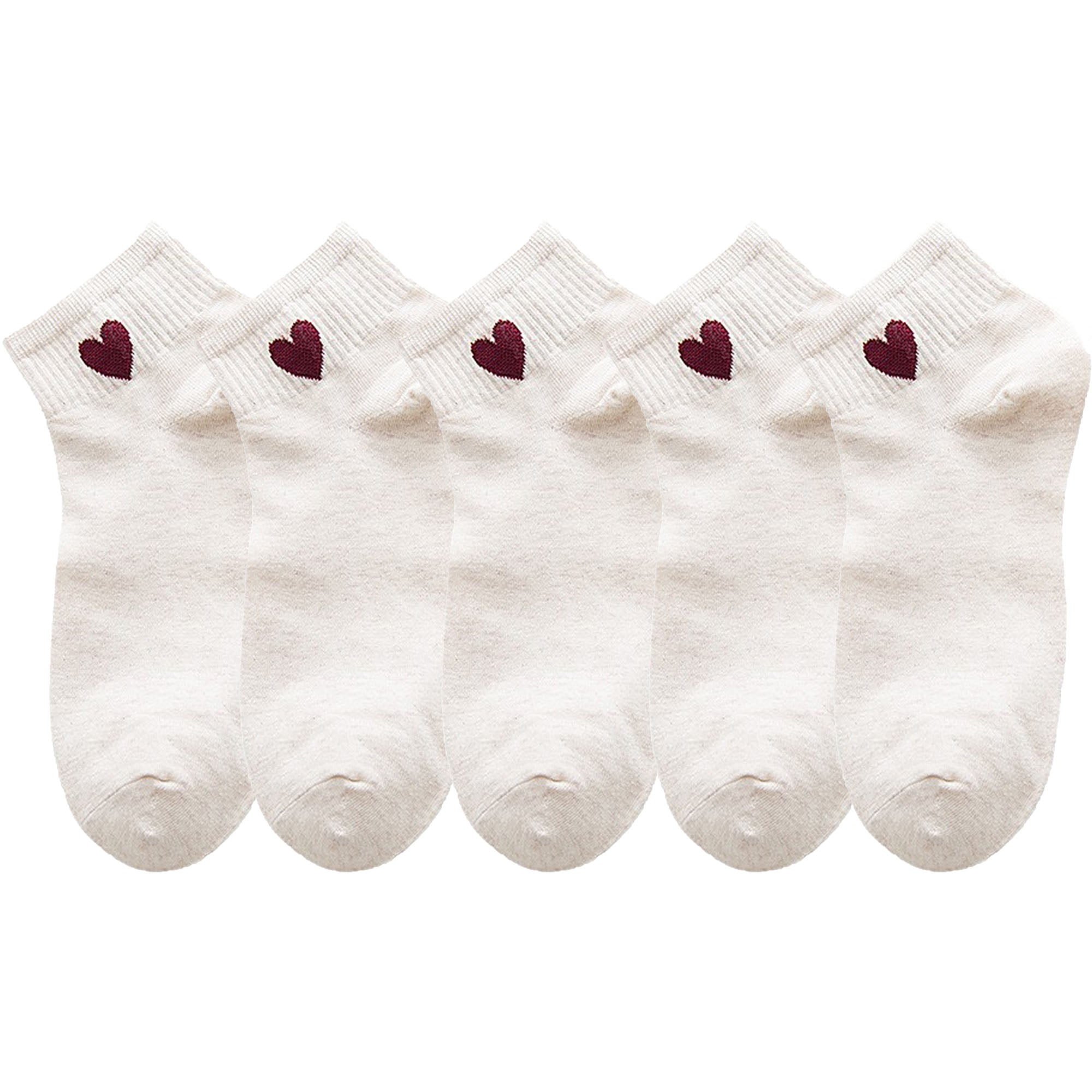 Anna-Kaci Women's 5-Pair Ankle Socks with Ribbed Cuff and Embroidered Heart Accent for Everyday Comfort and Style
