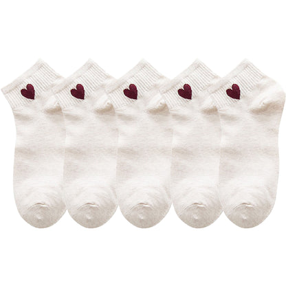 Anna-Kaci Women's 5-Pair Ankle Socks with Ribbed Cuff and Embroidered Heart Accent for Everyday Comfort and Style