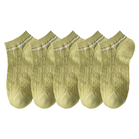 Anna-Kaci Women's 5-Pair Knit Ankle Socks with Delicate Heart Pattern and Ruffled Cuff Detail for Sweet Everyday Style