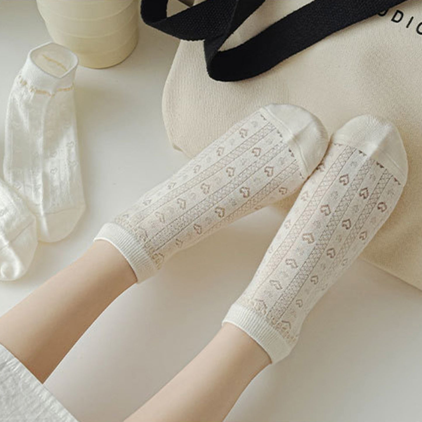 Anna-Kaci Women's 5-Pair Knit Ankle Socks with Delicate Heart Pattern and Ruffled Cuff Detail for Sweet Everyday Style