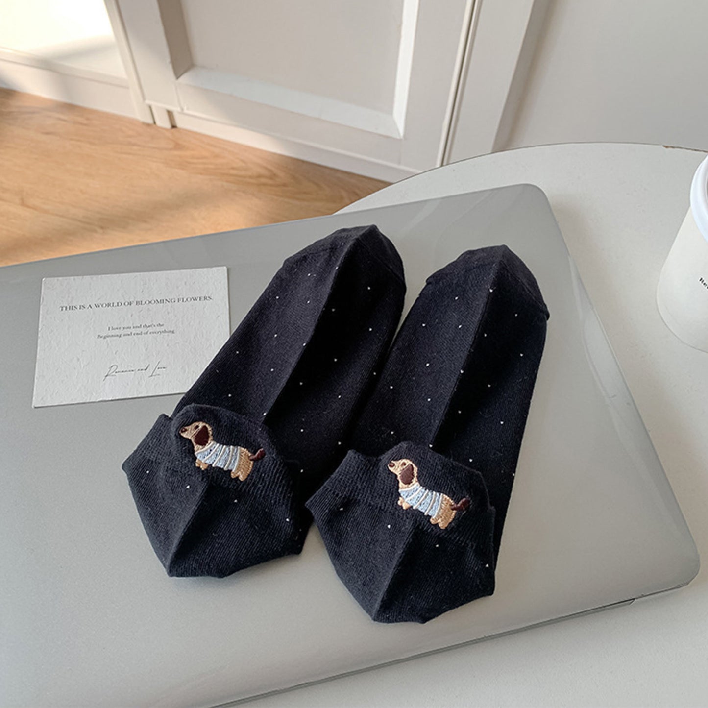 Anna-Kaci Women's 3-Pair No-Show Socks with Embroidered Dog Design and Soft Knit Low-Cut Fit for Casual Comfort