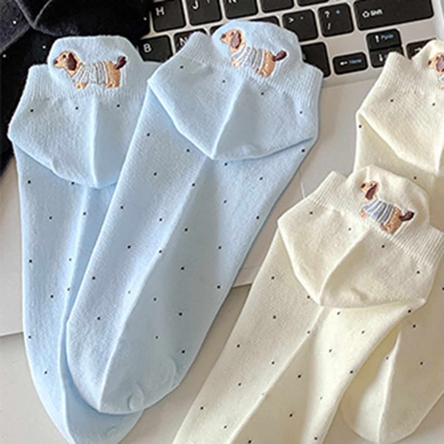 Anna-Kaci Women's 3-Pair No-Show Socks with Embroidered Dog Design and Soft Knit Low-Cut Fit for Casual Comfort
