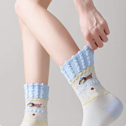 Anna-Kaci Women's 2-Pair Ruffle Cuff Crew Socks with Soft Knit Fabric Playful Character Pattern and Stretch Fit