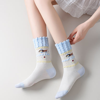 Anna-Kaci Women's 2-Pair Ruffle Cuff Crew Socks with Soft Knit Fabric Playful Character Pattern and Stretch Fit