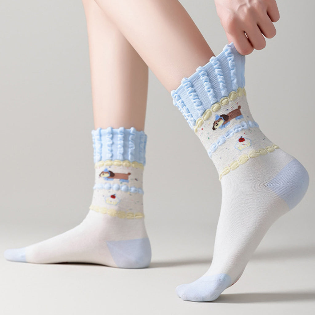 Anna-Kaci Women's 2-Pair Ruffle Cuff Crew Socks with Soft Knit Fabric Playful Character Pattern and Stretch Fit