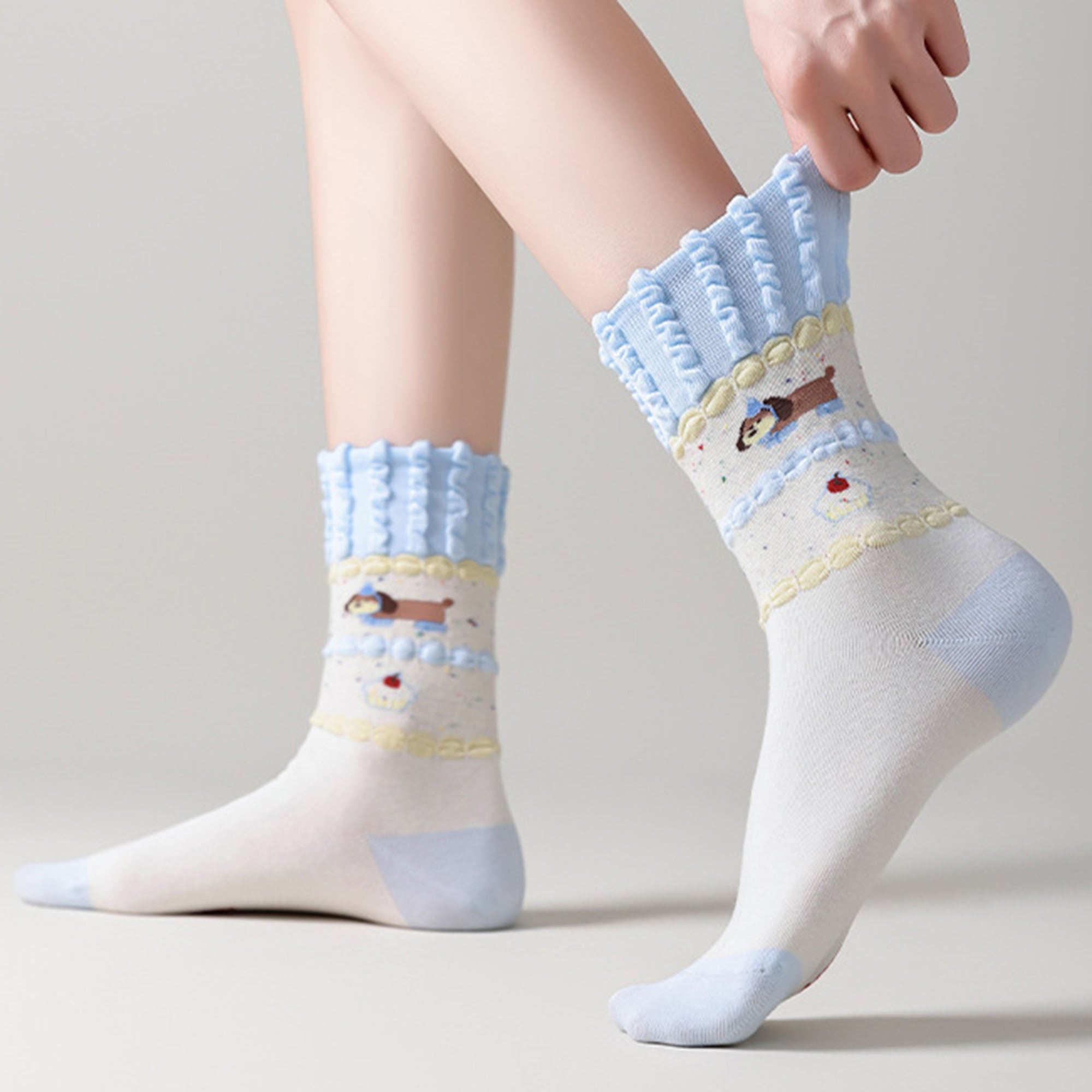Anna-Kaci Women's 2-Pair Ruffle Cuff Crew Socks with Soft Knit Fabric Playful Character Pattern and Stretch Fit