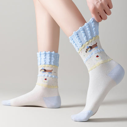 Anna-Kaci Women's 2-Pair Ruffle Cuff Crew Socks with Soft Knit Fabric Playful Character Pattern and Stretch Fit