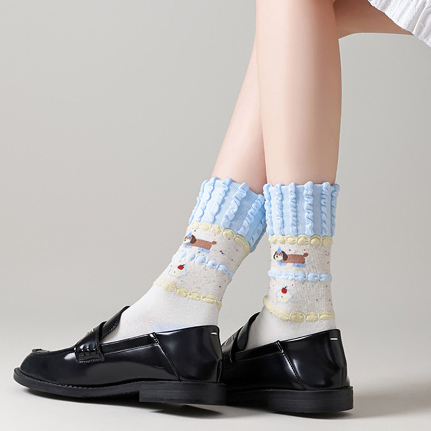 Anna-Kaci Women's 2-Pair Ruffle Cuff Crew Socks with Soft Knit Fabric Playful Character Pattern and Stretch Fit