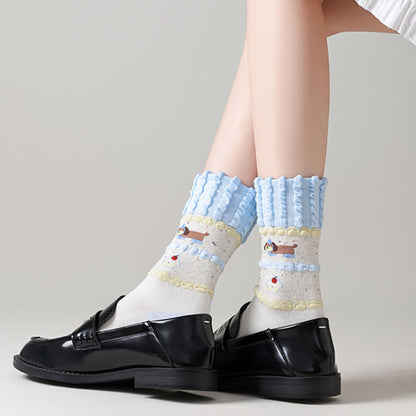 Anna-Kaci Women's 2-Pair Ruffle Cuff Crew Socks with Soft Knit Fabric Playful Character Pattern and Stretch Fit