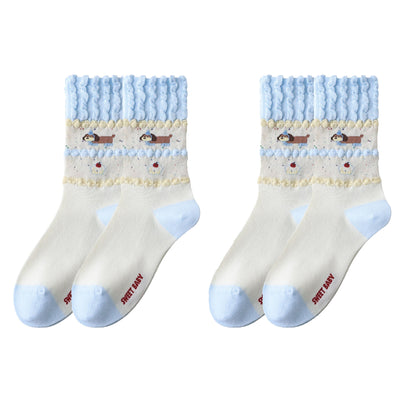 Anna-Kaci Women's 2-Pair Ruffle Cuff Crew Socks with Soft Knit Fabric Playful Character Pattern and Stretch Fit