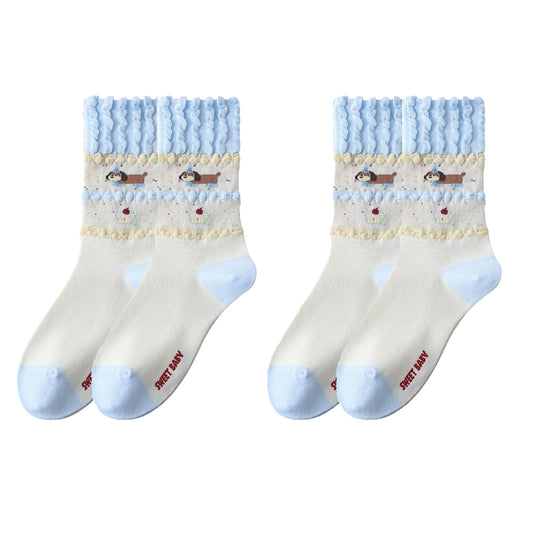 Anna-Kaci Women's 2-Pair Ruffle Cuff Crew Socks with Soft Knit Fabric Playful Character Pattern and Stretch Fit