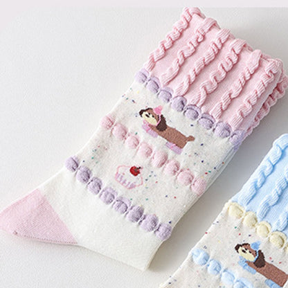 Anna-Kaci Women's 2-Pair Ruffle Cuff Crew Socks with Soft Knit Fabric Playful Character Pattern and Stretch Fit