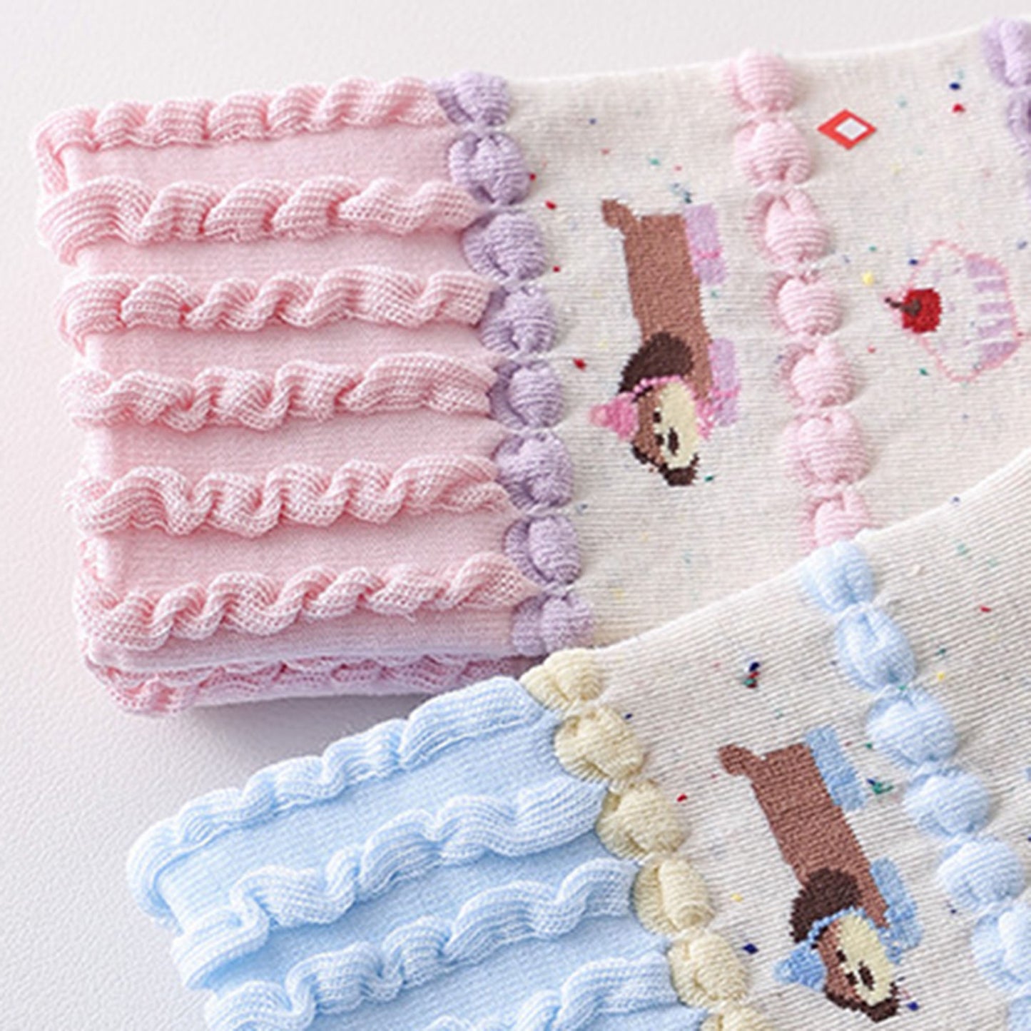 Anna-Kaci Women's 2-Pair Ruffle Cuff Crew Socks with Soft Knit Fabric Playful Character Pattern and Stretch Fit