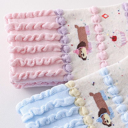 Anna-Kaci Women's 2-Pair Ruffle Cuff Crew Socks with Soft Knit Fabric Playful Character Pattern and Stretch Fit
