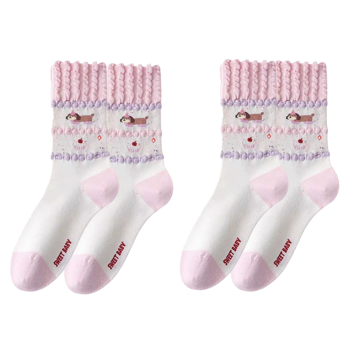 Anna-Kaci Women's 2-Pair Ruffle Cuff Crew Socks with Soft Knit Fabric Playful Character Pattern and Stretch Fit