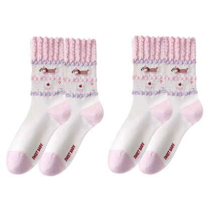 Anna-Kaci Women's 2-Pair Ruffle Cuff Crew Socks with Soft Knit Fabric Playful Character Pattern and Stretch Fit