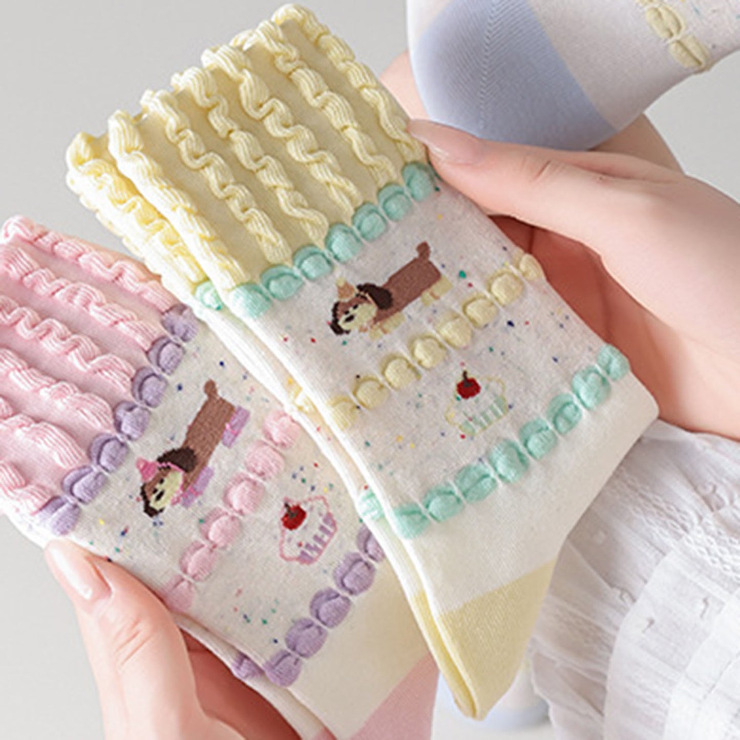 Anna-Kaci Women's 2-Pair Ruffle Cuff Crew Socks with Soft Knit Fabric Playful Character Pattern and Stretch Fit