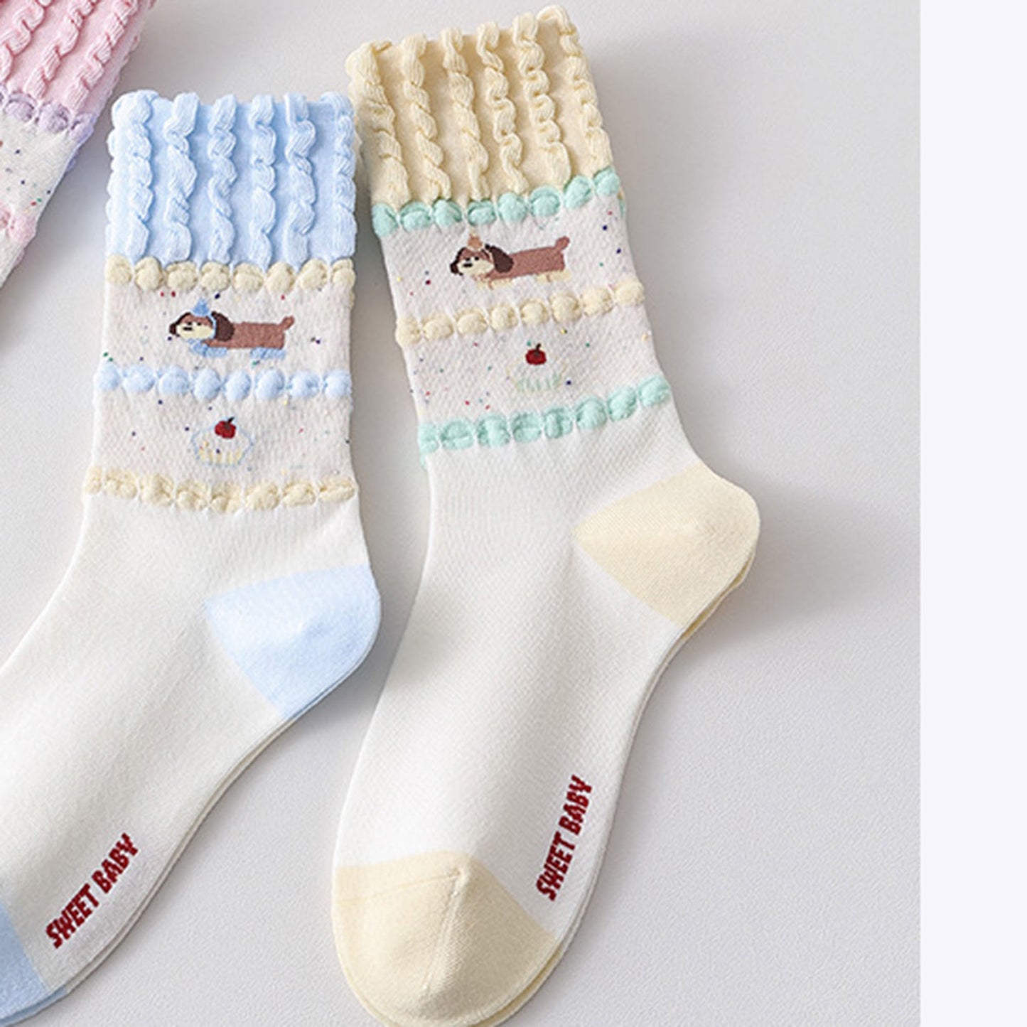 Anna-Kaci Women's 2-Pair Ruffle Cuff Crew Socks with Soft Knit Fabric Playful Character Pattern and Stretch Fit