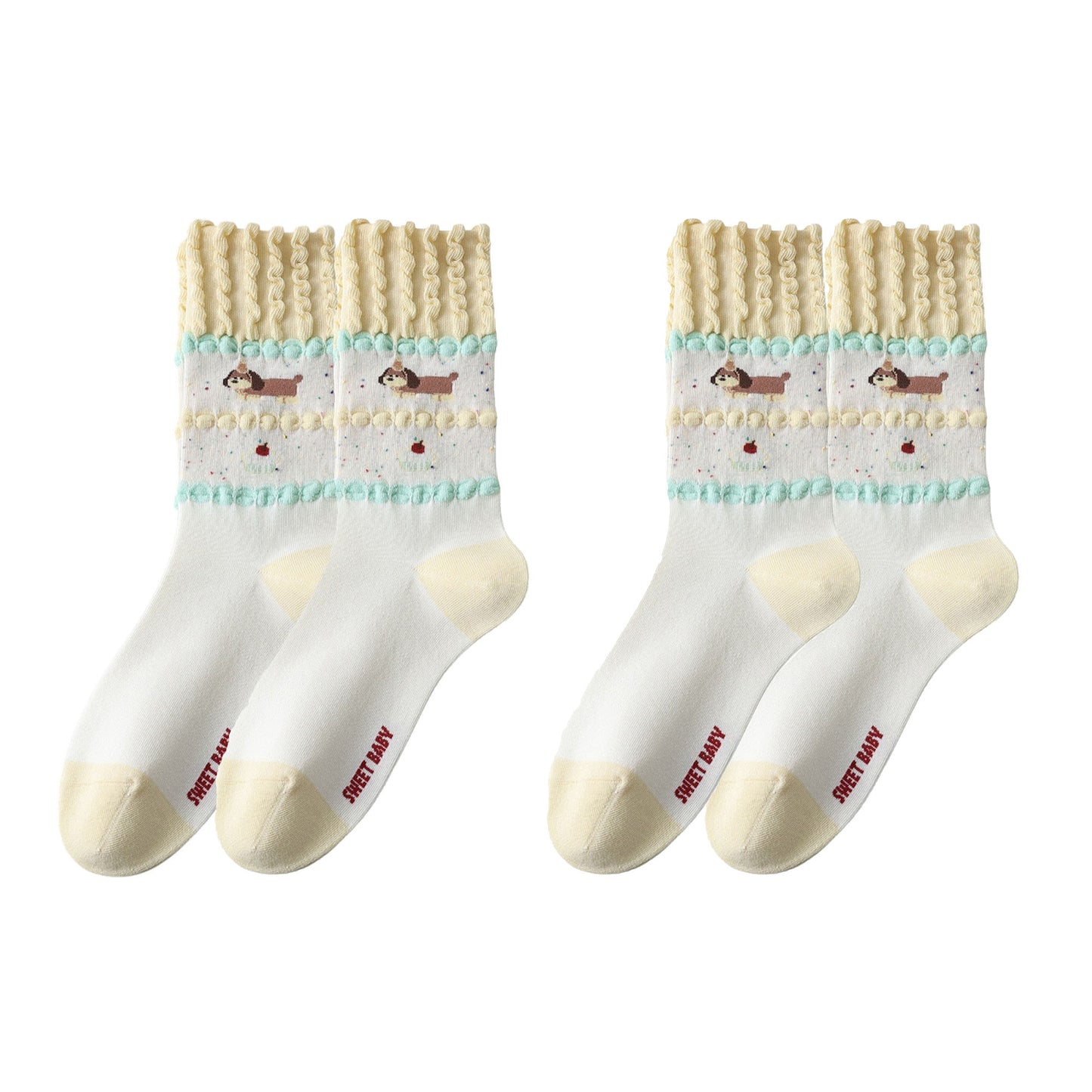 Anna-Kaci Women's 2-Pair Ruffle Cuff Crew Socks with Soft Knit Fabric Playful Character Pattern and Stretch Fit