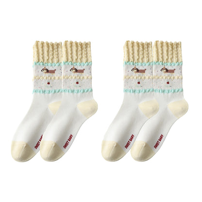 Anna-Kaci Women's 2-Pair Ruffle Cuff Crew Socks with Soft Knit Fabric Playful Character Pattern and Stretch Fit