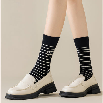 Anna-Kaci 3 Pairs Women's Casual Crew Socks Assorted Patterns Striped Polka Dot and Bow Embroidery