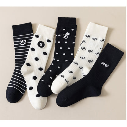 Anna-Kaci 3 Pairs Women's Casual Crew Socks Assorted Patterns Striped Polka Dot and Bow Embroidery