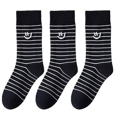 Anna-Kaci 3 Pairs Women's Casual Crew Socks Assorted Patterns Striped Polka Dot and Bow Embroidery