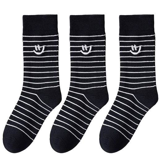 Anna-Kaci 3 Pairs Women's Casual Crew Socks Assorted Patterns Striped Polka Dot and Bow Embroidery