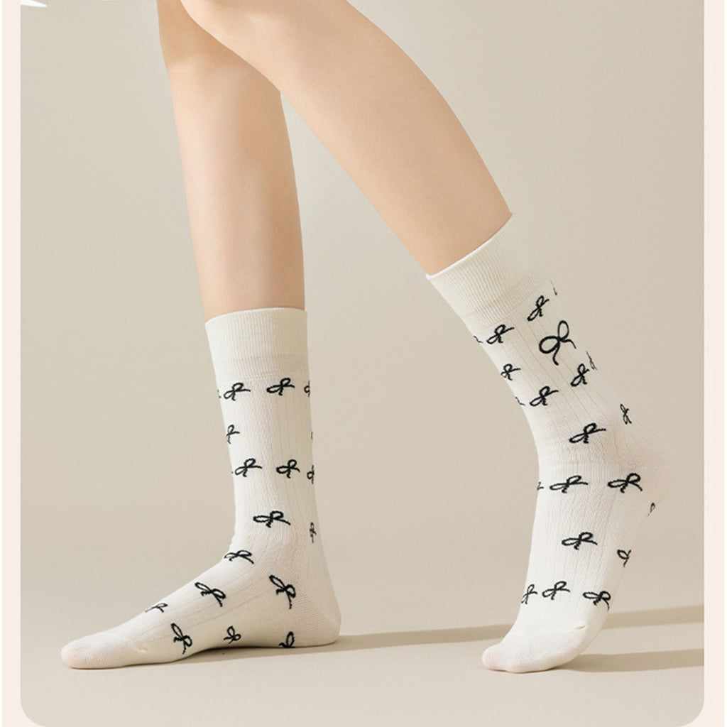 Anna-Kaci 3 Pairs Women's Casual Crew Socks Assorted Patterns Striped Polka Dot and Bow Embroidery
