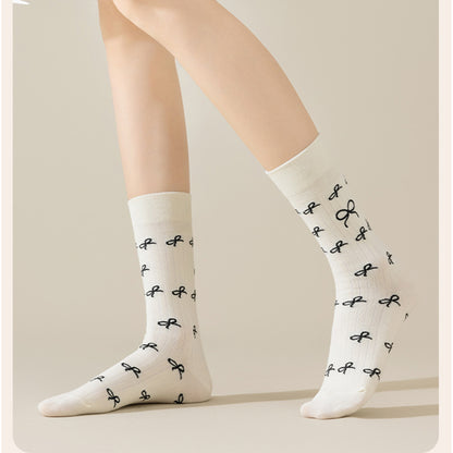 Anna-Kaci 3 Pairs Women's Casual Crew Socks Assorted Patterns Striped Polka Dot and Bow Embroidery